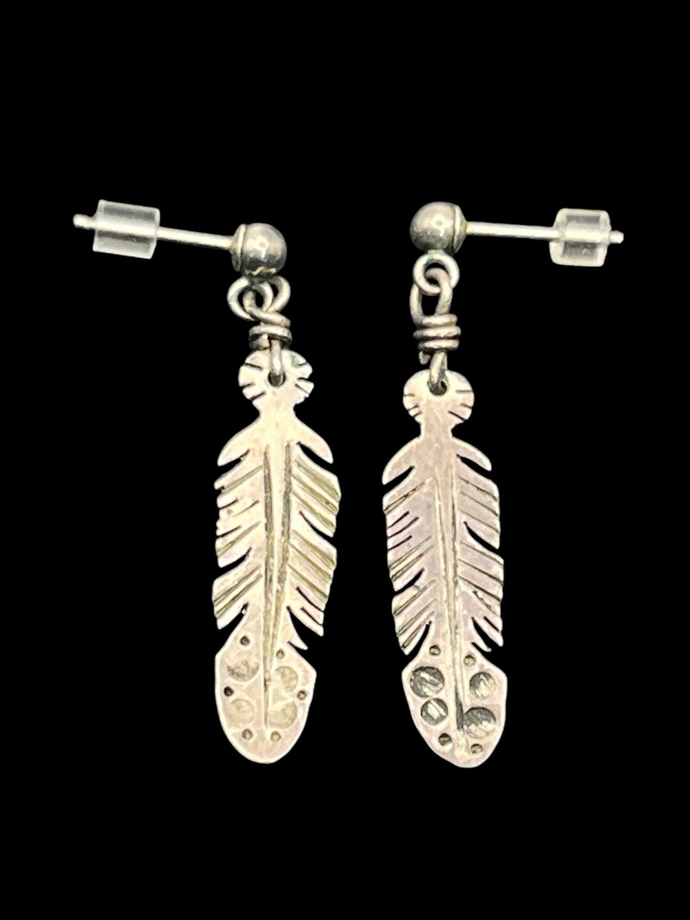 Navajo Native American handmade sterling silver feather dangle earrings vintage